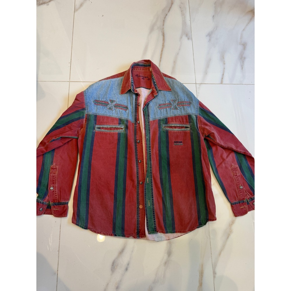 Vintage Fry-Day by NRK Mens Red Blue Green Striped Denim Western Shirt Size M